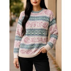 JJ Browne USA Vintage Acrylic Sweater Pink Blue White Crew Neck Size Large